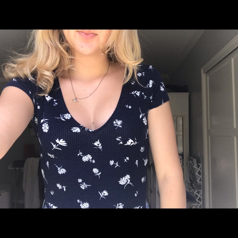 Navy ribbed bodysuit w/ flowers